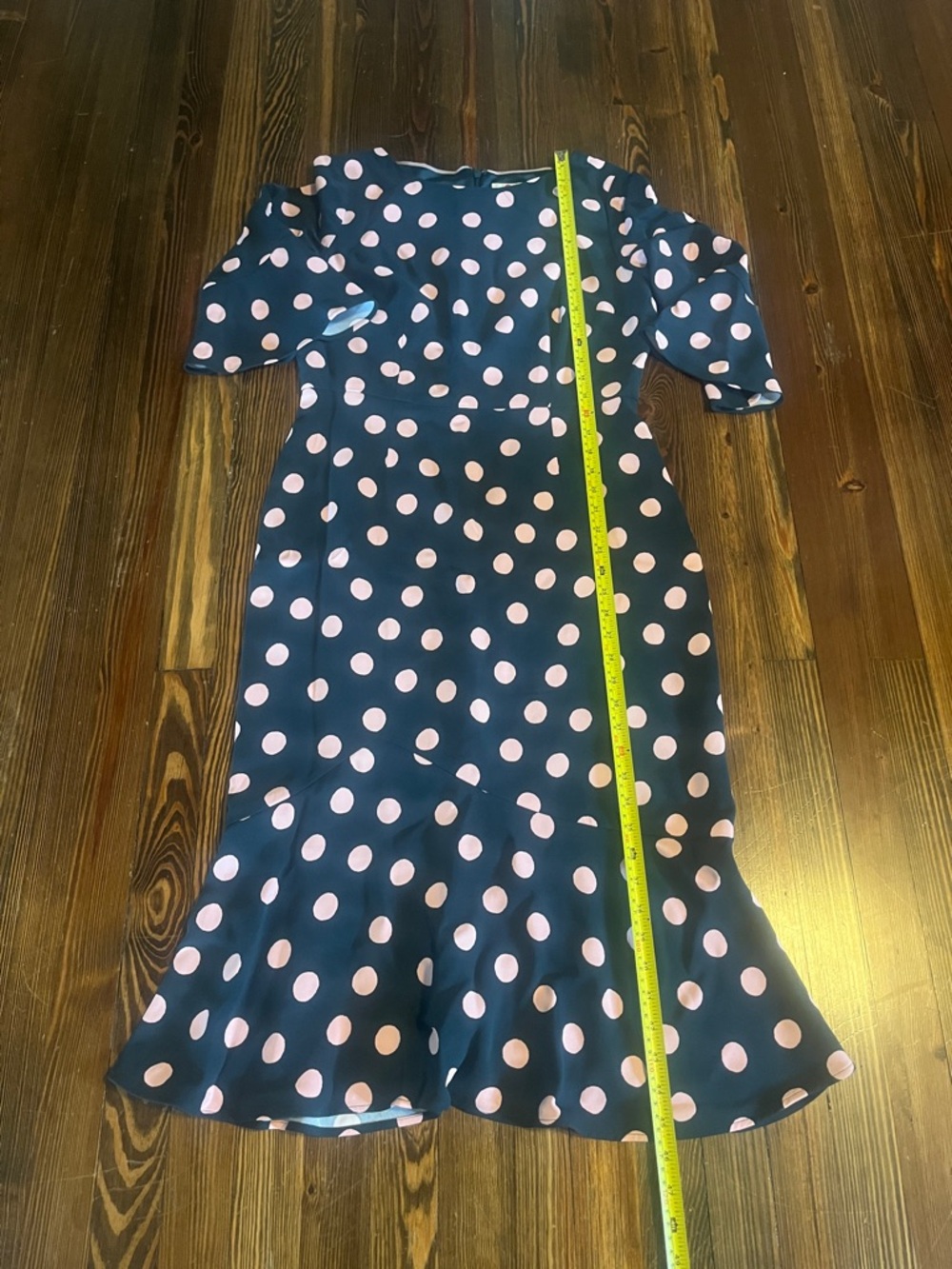 Boden Navy Dress with Light Pink Polka Dots and Flared Hem